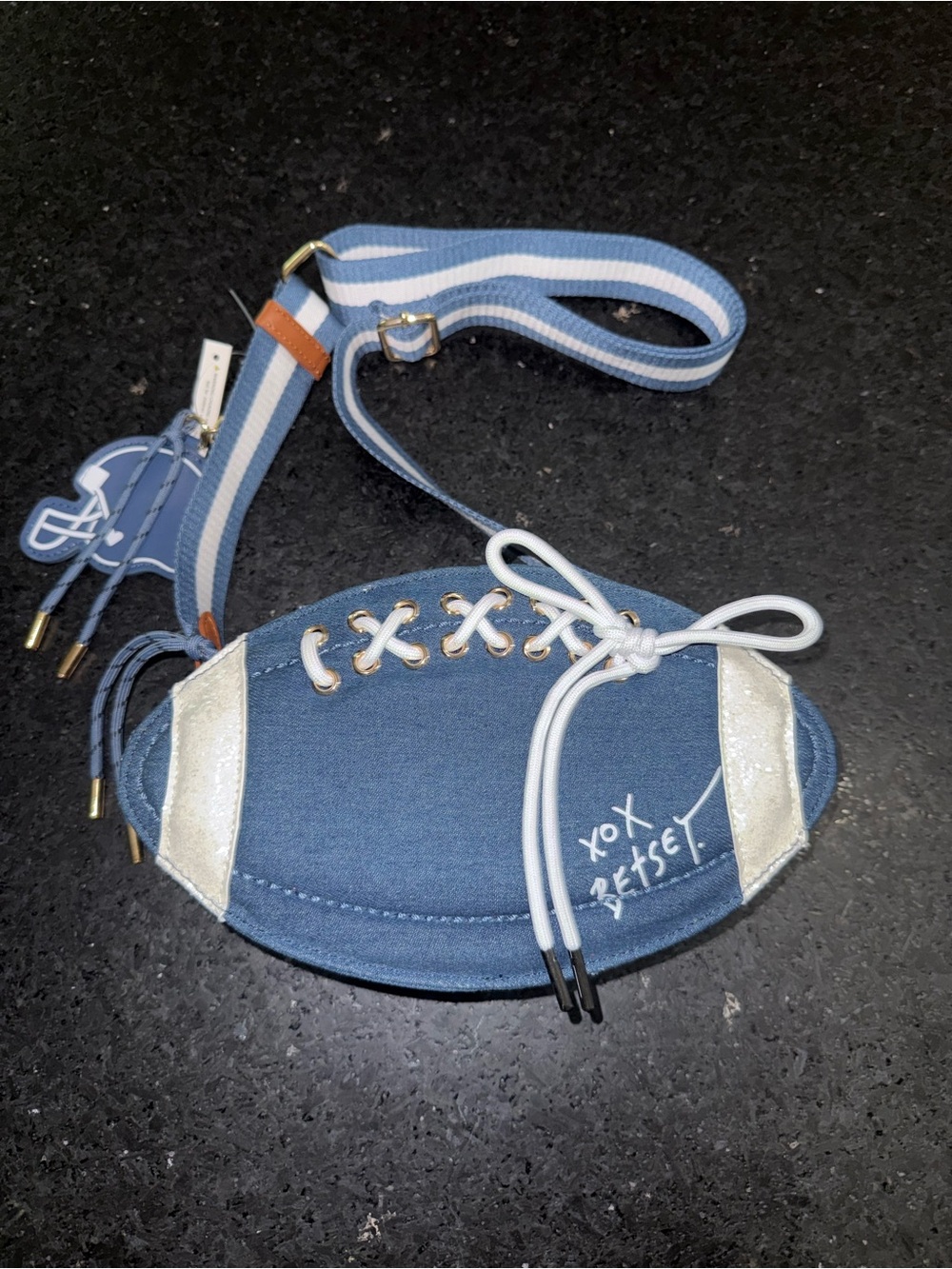 NEW Betsey Johnson Denim Blue Football Crossbody Bag White Laces Glitter Sparkle